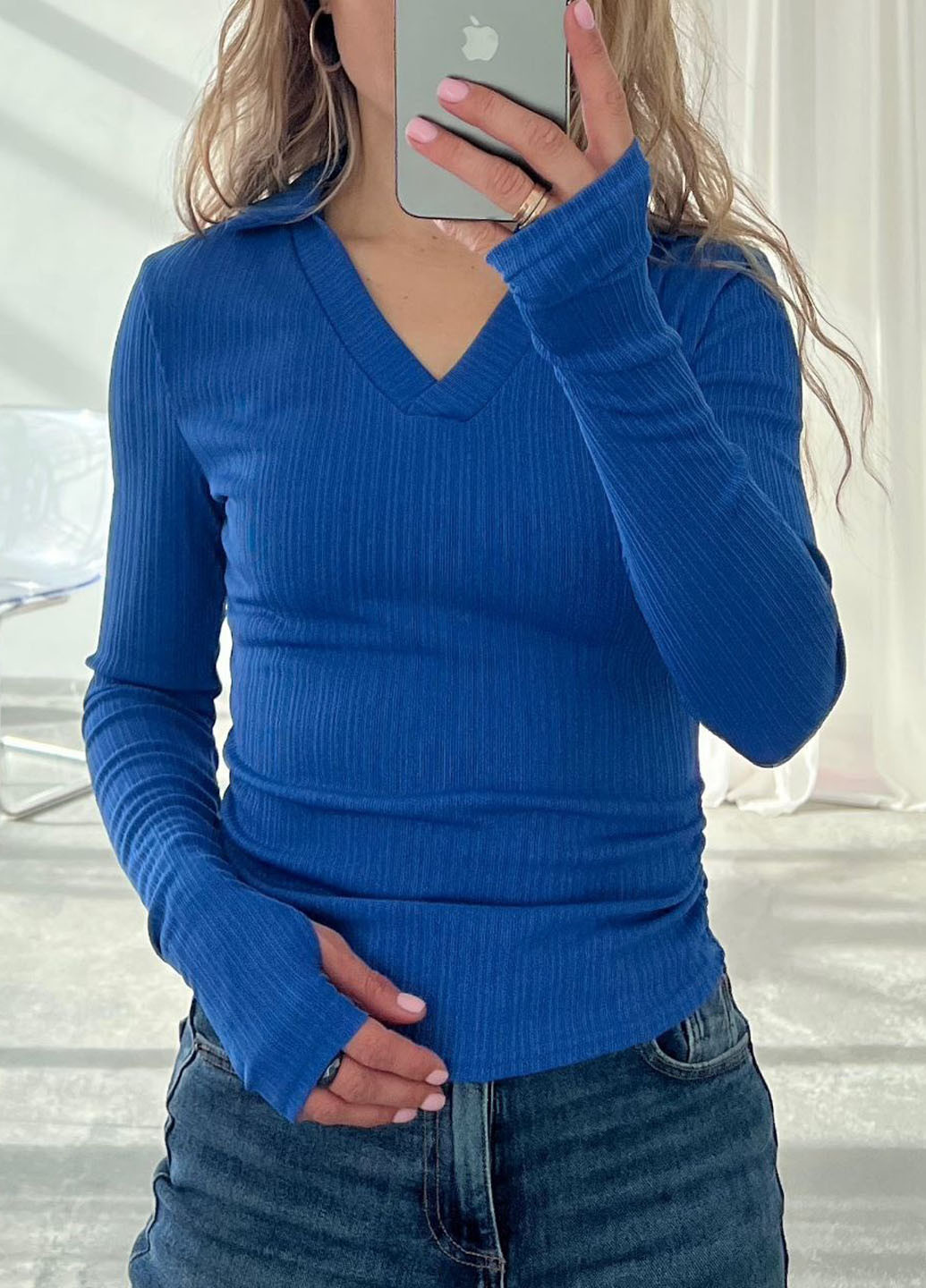 Синяя женская футболка-поло No Brand однотонная