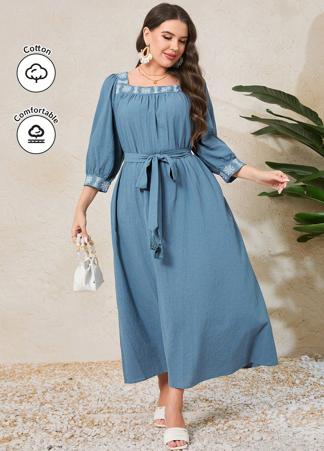 Морської хвилі кежуал сукня з спідницею-сонце SHEIN однотонна