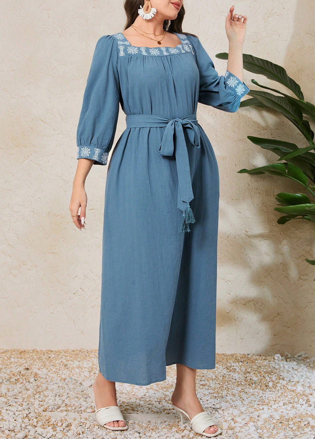 Морської хвилі кежуал сукня з спідницею-сонце SHEIN однотонна