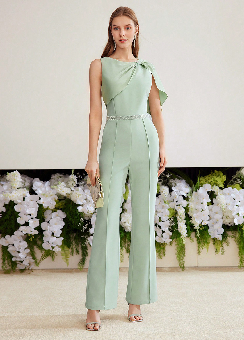 Комбінезон SHEIN комбінезон-брюки однотонний світло-зелений святковий, вечірній поліестер