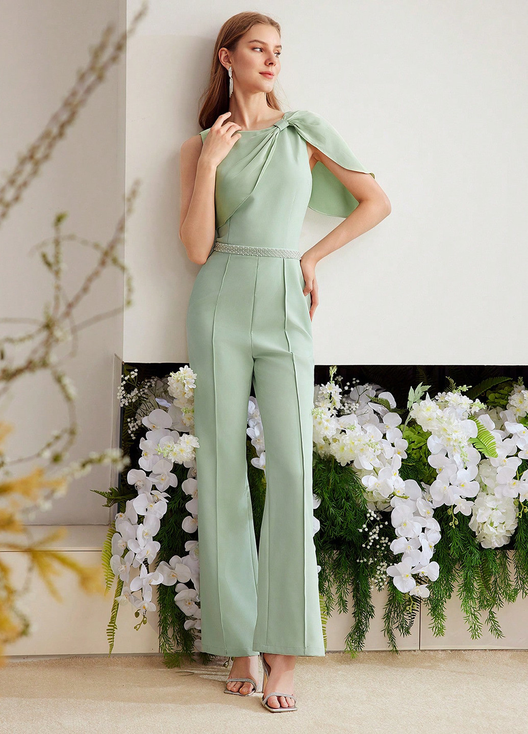 Комбінезон SHEIN комбінезон-брюки однотонний світло-зелений святковий, вечірній поліестер
