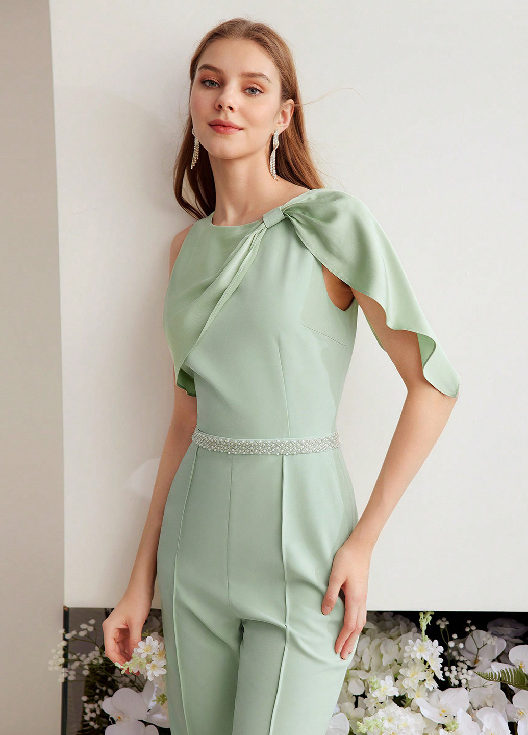 Комбінезон SHEIN комбінезон-брюки однотонний світло-зелений святковий, вечірній поліестер