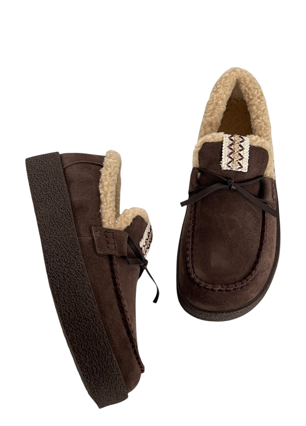 Коричневые слипоны ALLSY с вышивкой, с мехом, с пряжкой однотонные