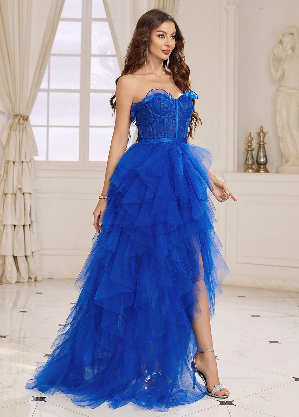 Індиго святковий, вечірня сукня зі шлейфом, з корсетом, з відкритою спиною, з відкритими плечима SHEIN однотонна