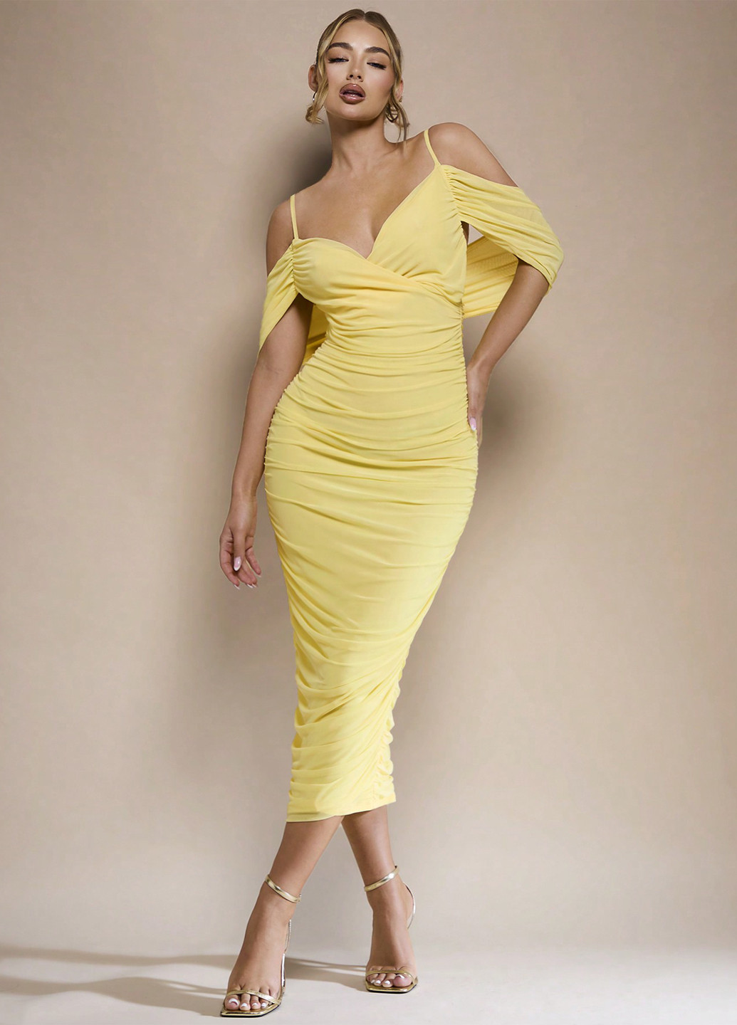 Жовтий вечірня, святковий сукня футляр, з відкритими плечима SHEIN однотонна