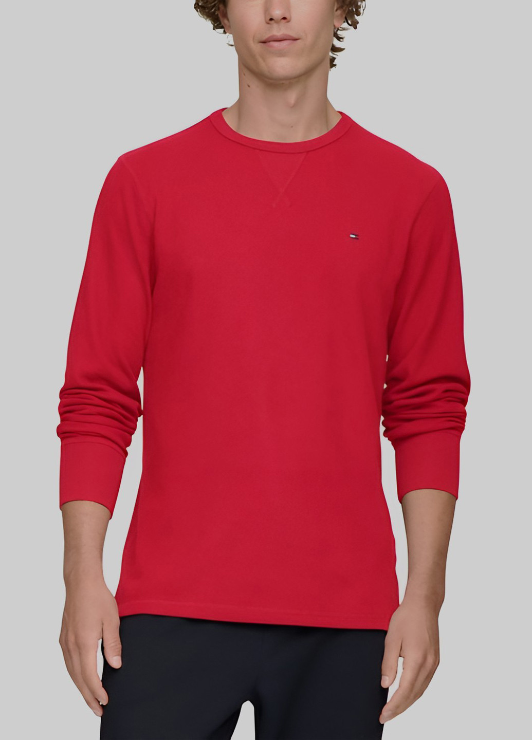 Лонгслів Tommy Hilfiger однотонний червоний домашні бавовна, вафельний, трикотаж