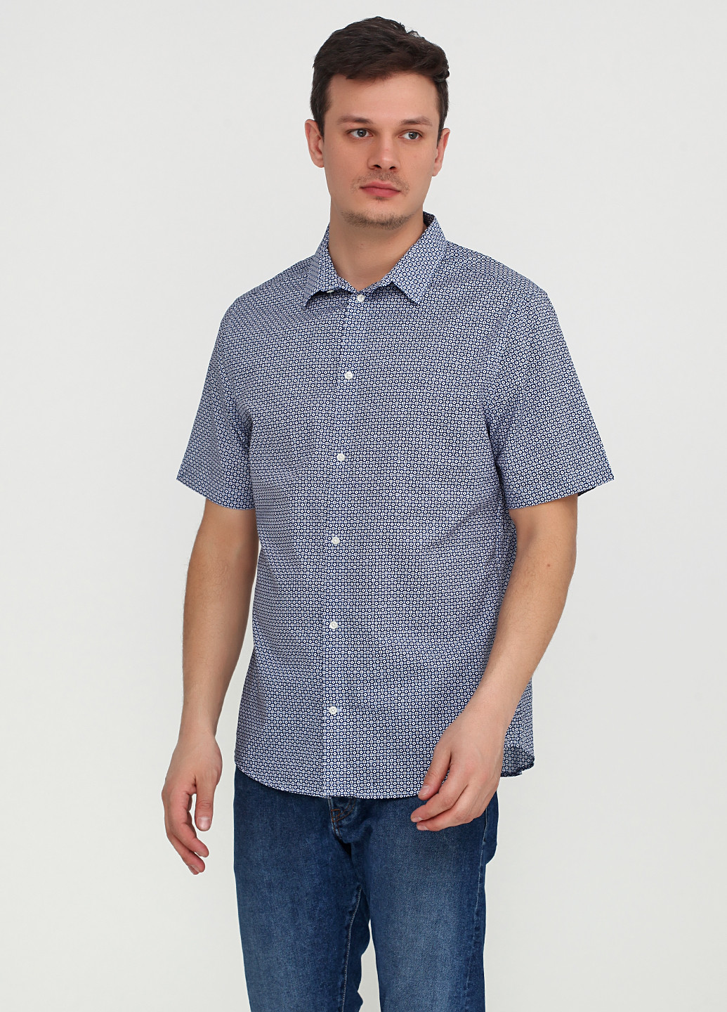 Темно-синяя кэжуал рубашка с геометрическим узором H&M с коротким рукавом
