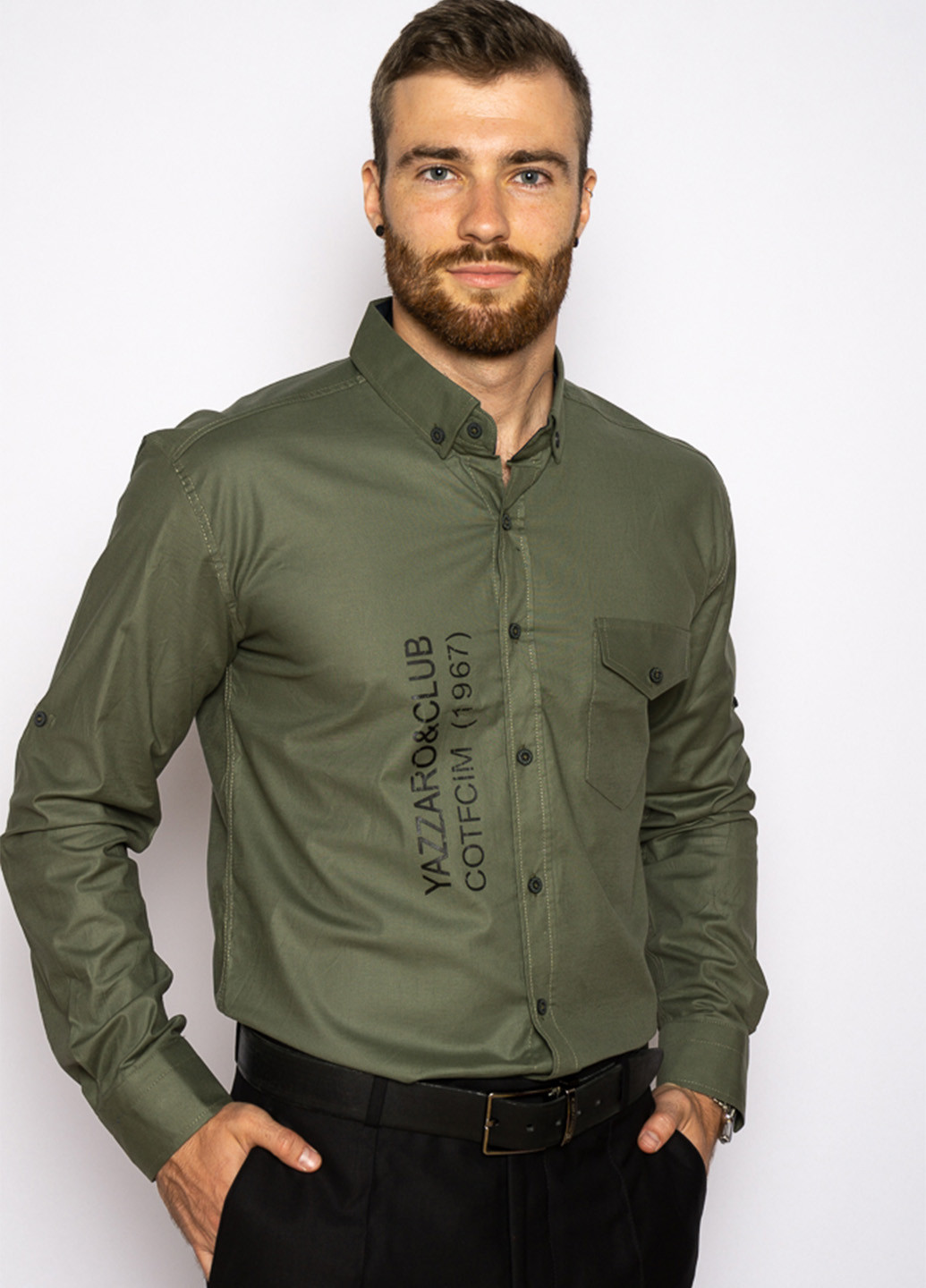 Оливковковая (хаки) кэжуал рубашка с надписями Time of Style