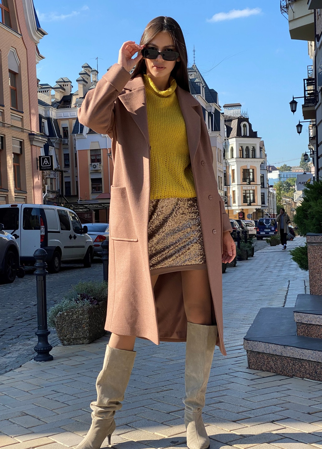 Бежевое демисезонное Пальто из сукна оверсайз Шикарные меха