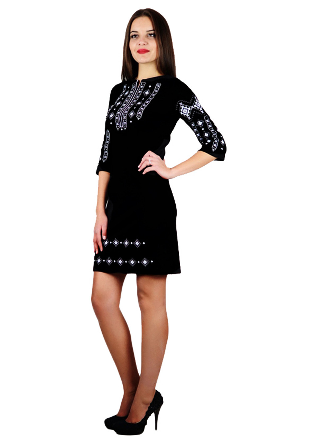 Черное кэжуал платье с длинным рукавом ЕтноМодерн с орнаментом