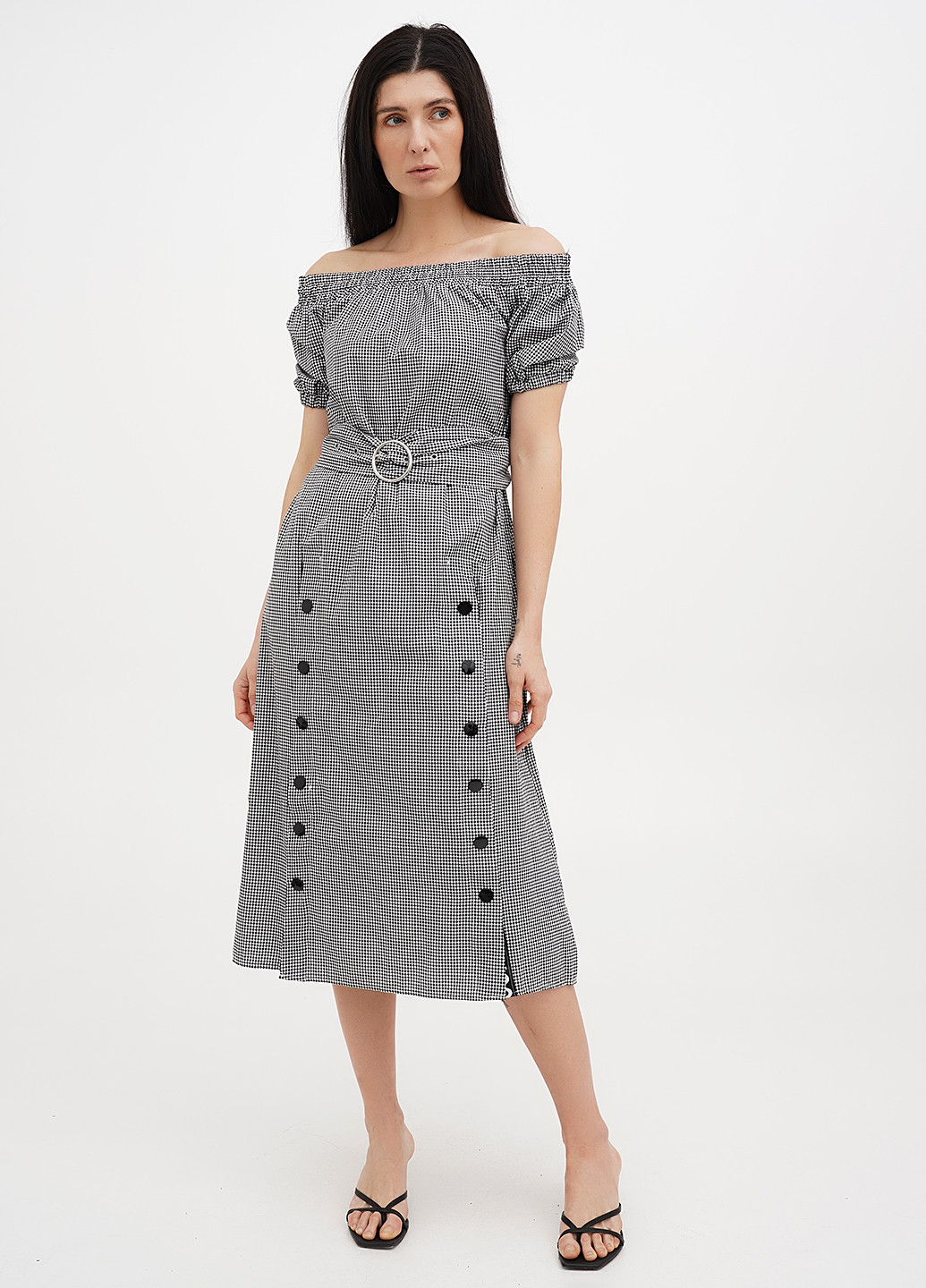 Черно-белое кэжуал платье с открытыми плечами Babylon в клетку
