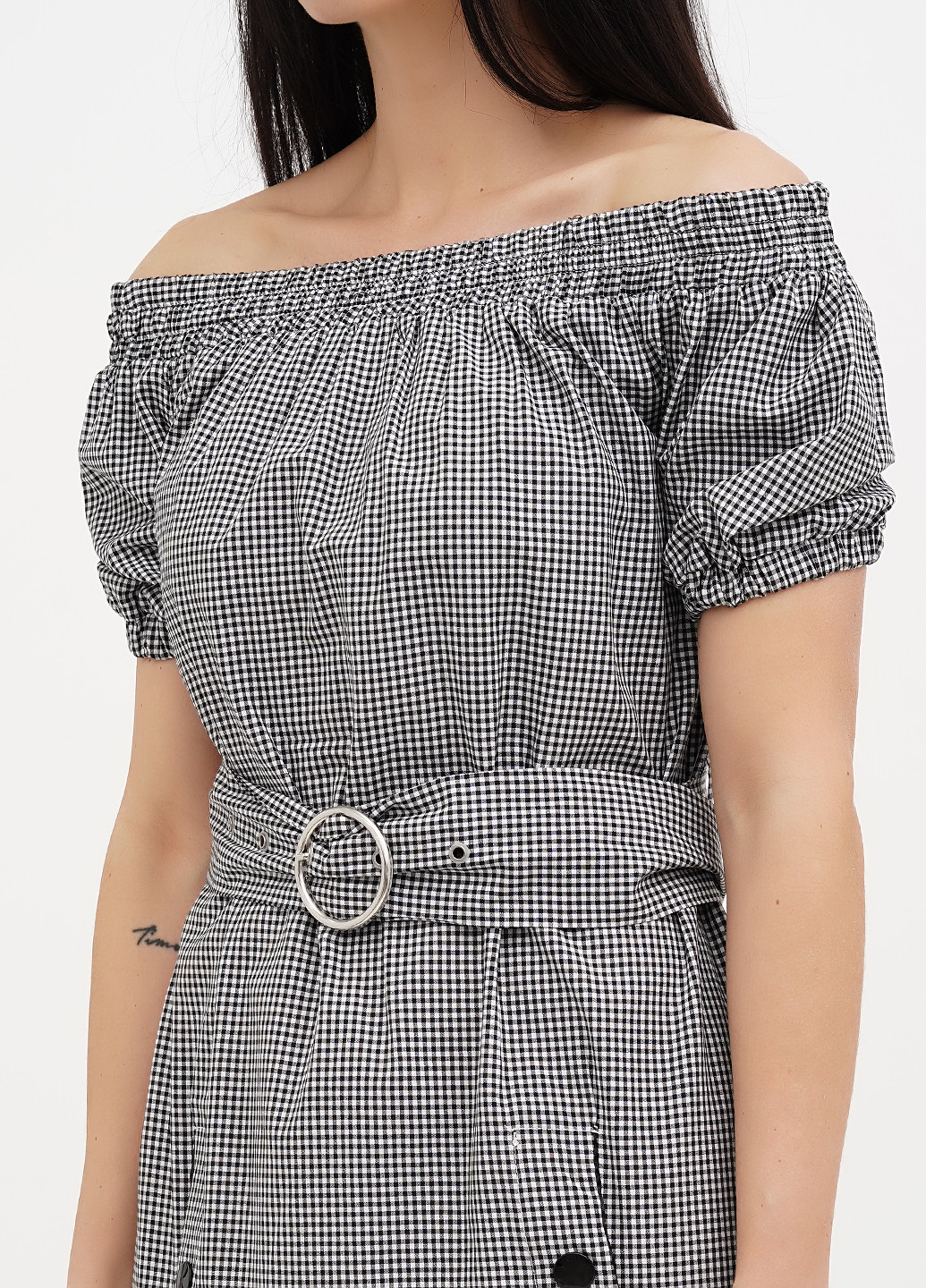 Черно-белое кэжуал платье с открытыми плечами Babylon в клетку