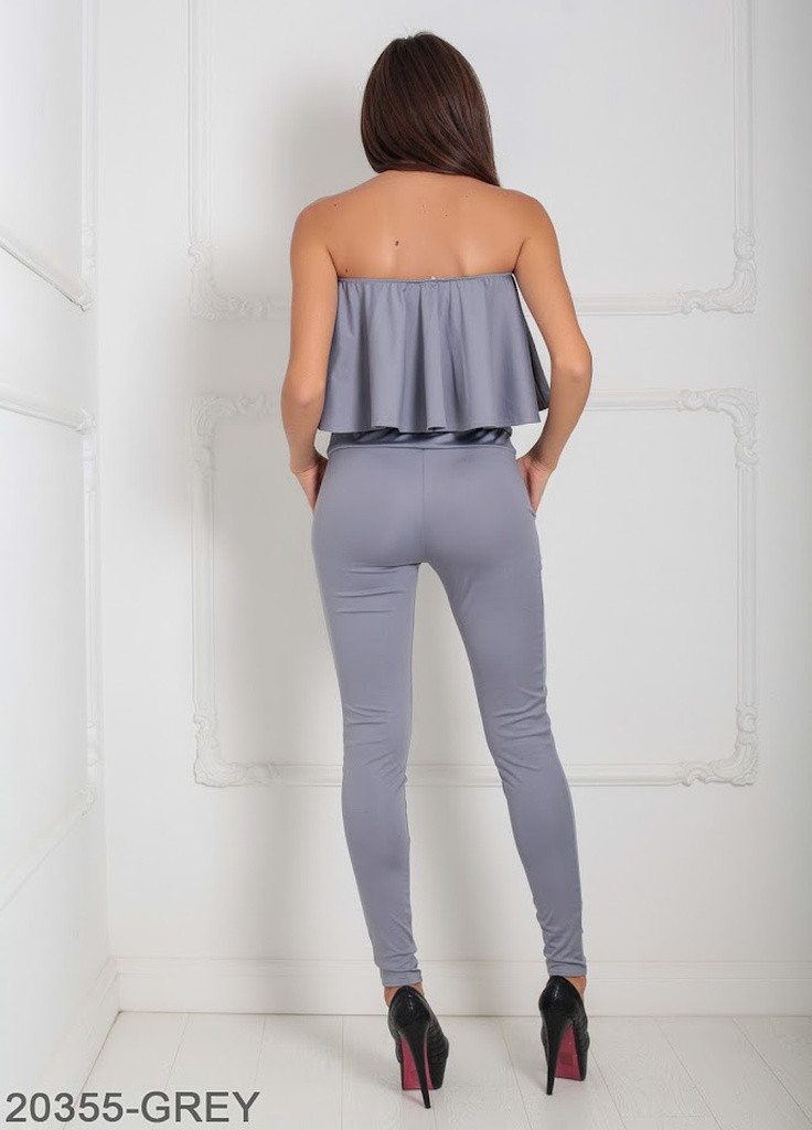 Ефектний приталений комбінезон з відкритими плечима і баскою Marie Podium однотонний сірий кежуал