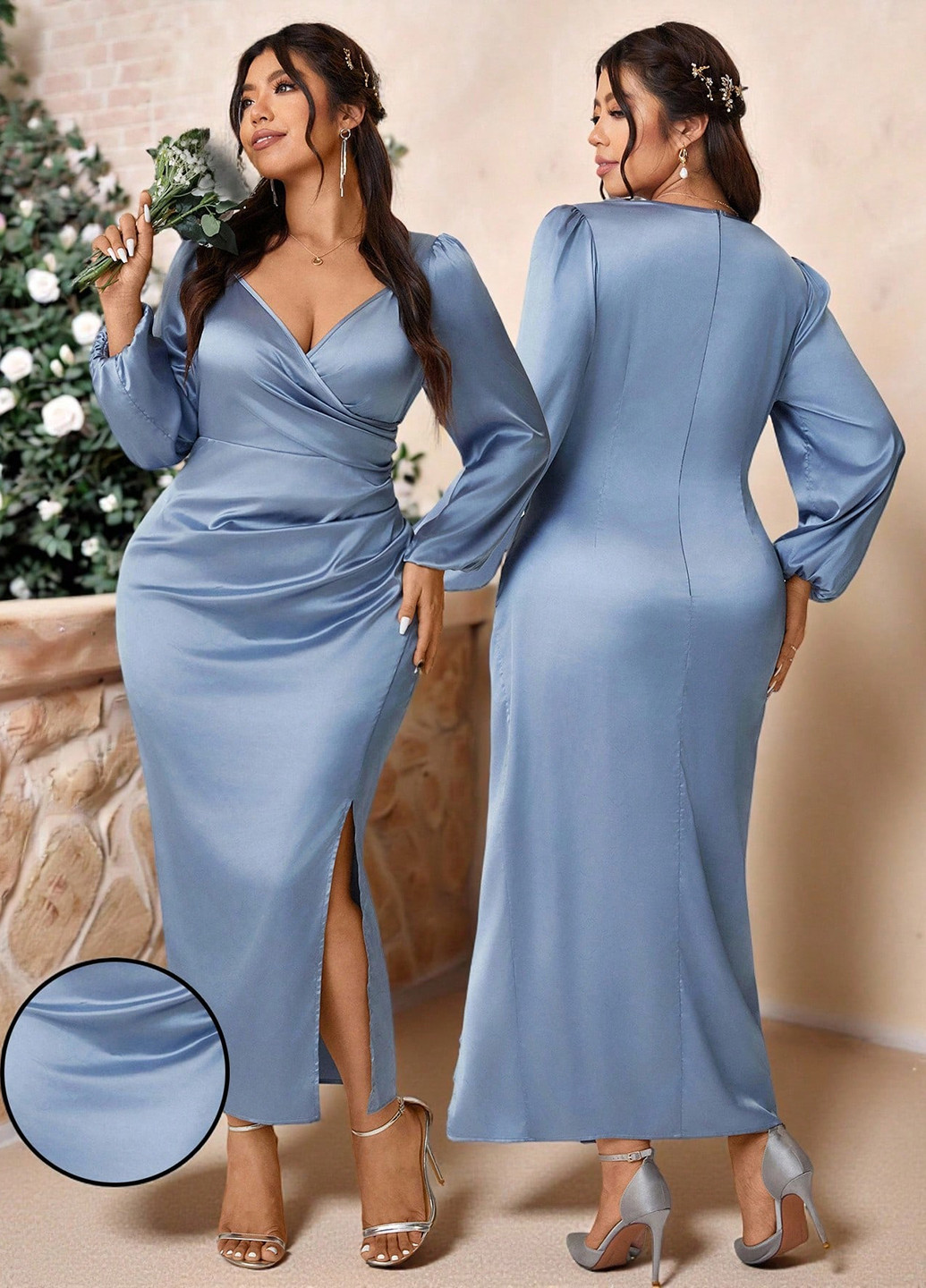 Синее кэжуал платье на запах SHEIN однотонное