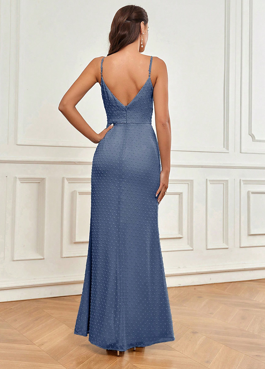 Серо-голубое праздничный, вечернее платье на запах, с открытой спиной SHEIN однотонное