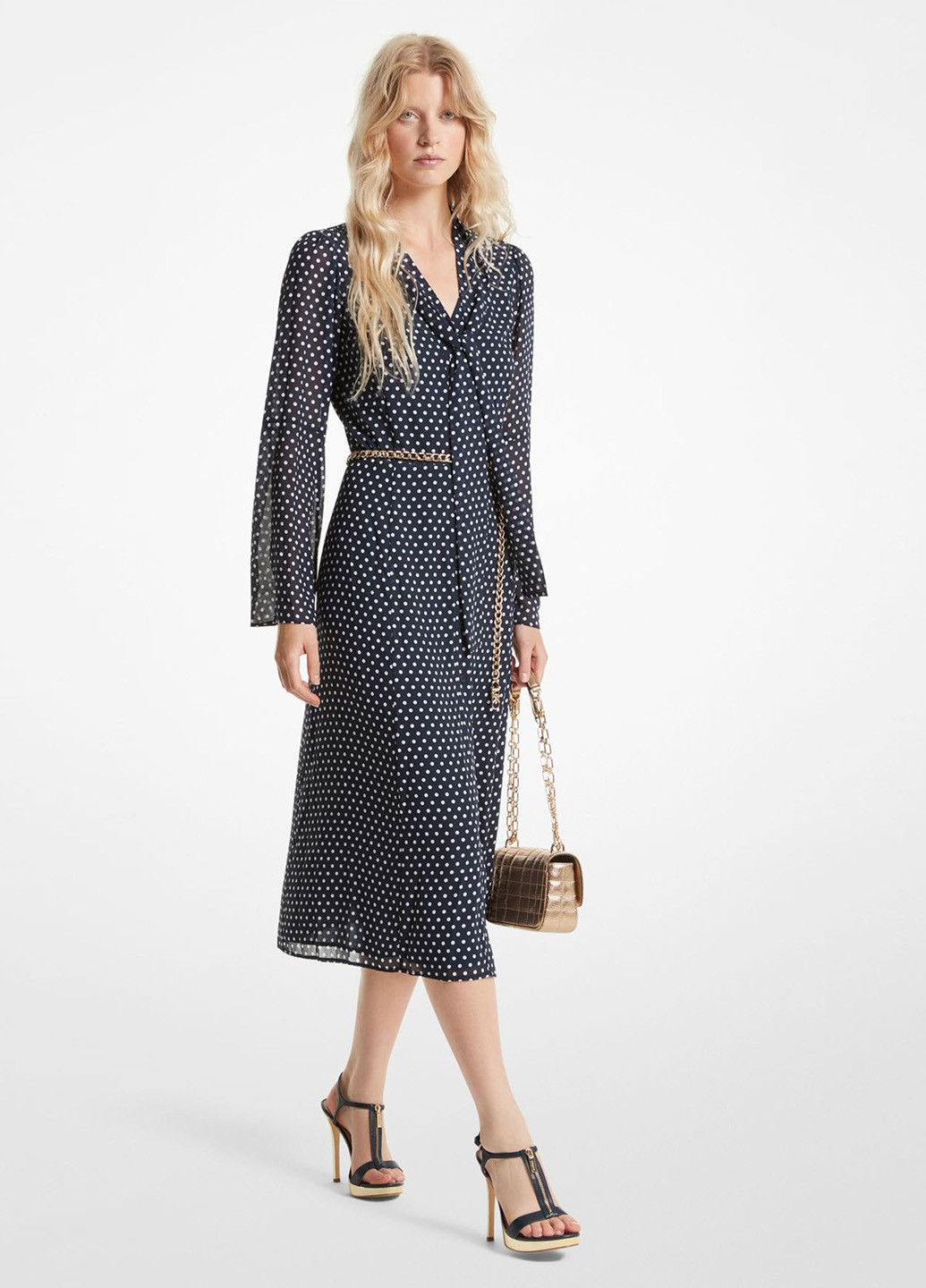 Темно-синя кежуал, ділова сукня кльош Michael Kors в горошок