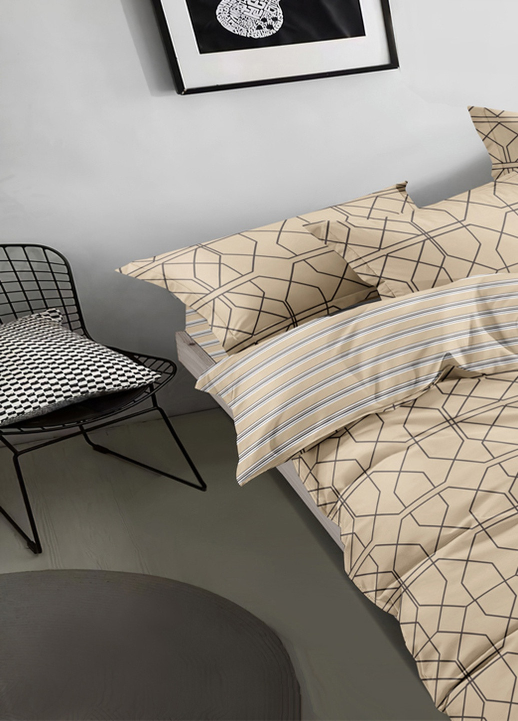 Хлопковое постельное белье Hexagons с сатиновым плетением Двуспальный евро комплект SoundSleep (224156381)