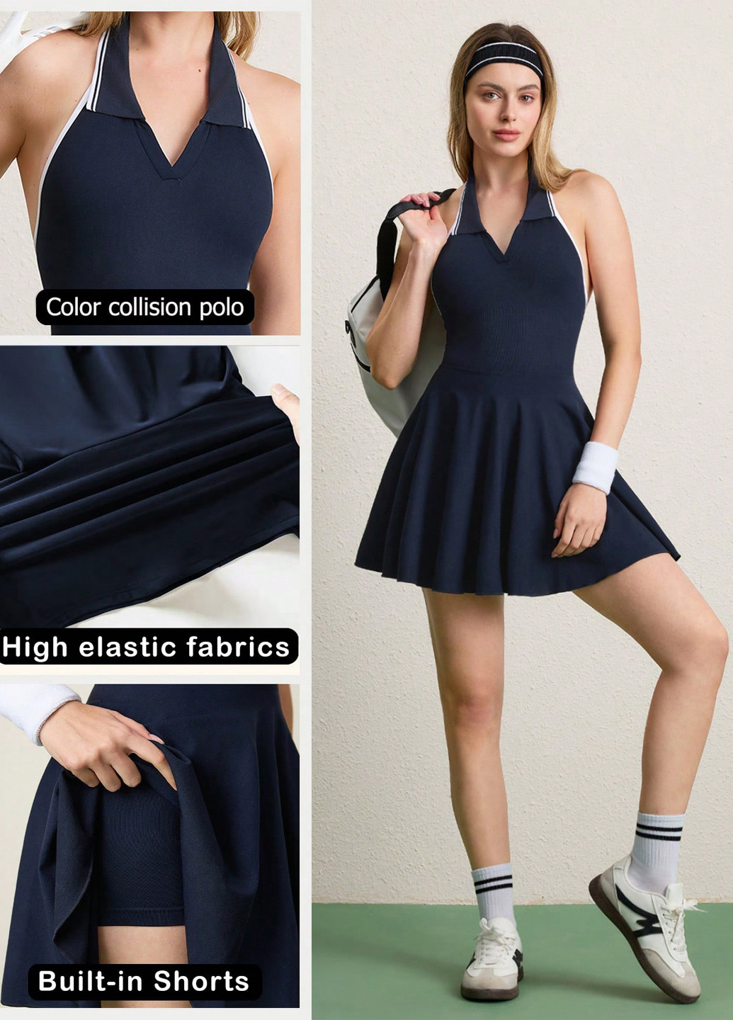 Темно-синее спортивное платье с открытой спиной, клеш SHEIN однотонное