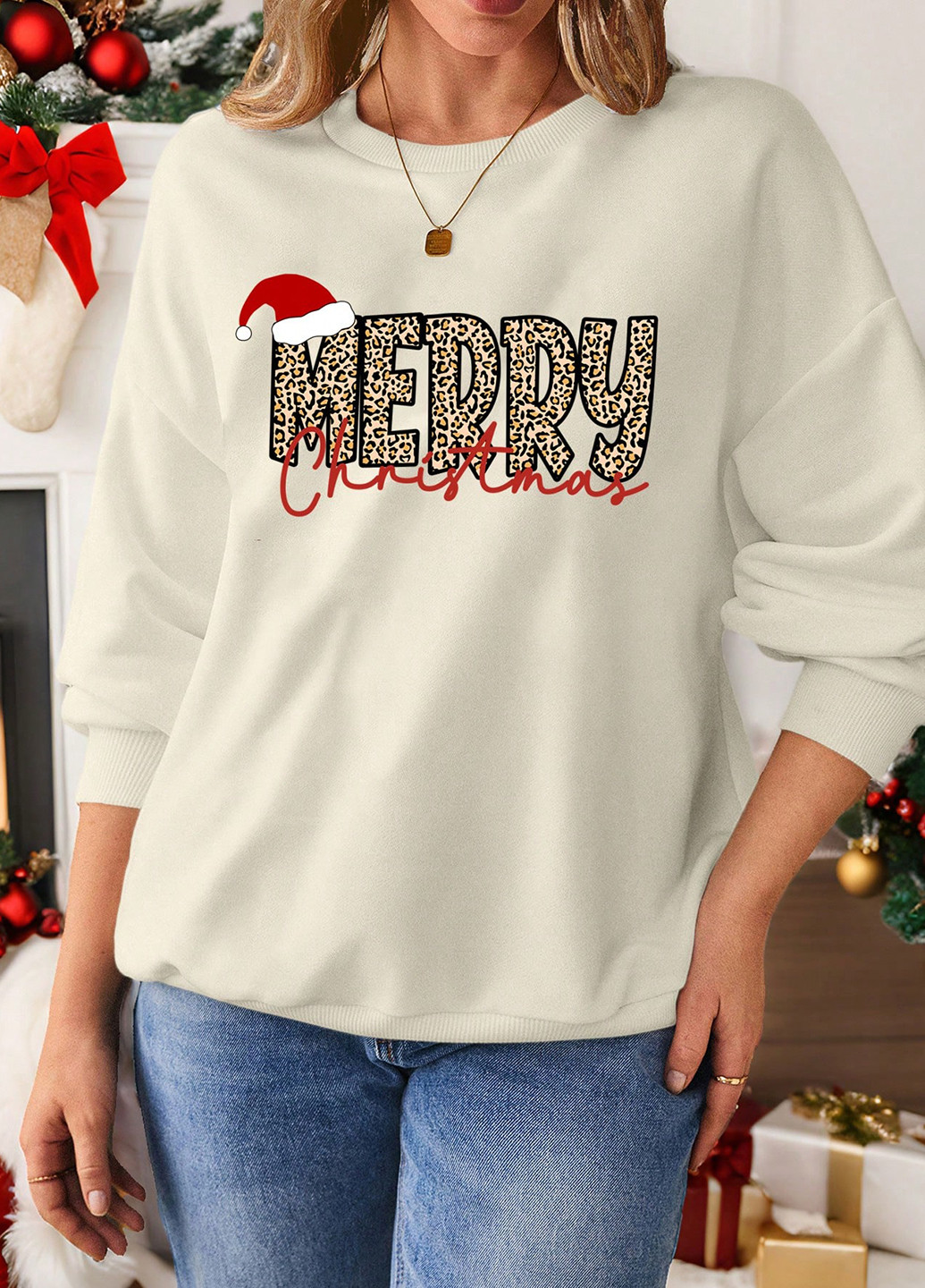 Молочный свитшот SHEIN новогодний без декора (334101426)