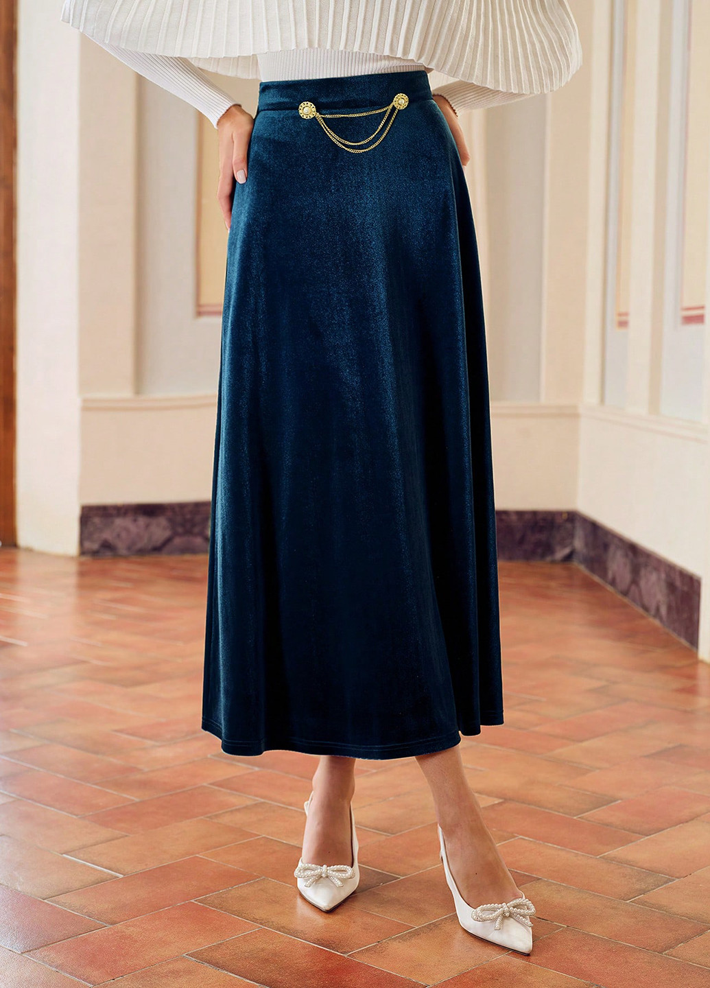 Морской волны вечерний, кэжуал однотонная юбка SHEIN клешированная