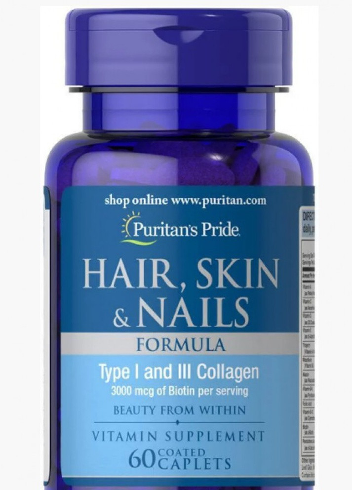 Добавка для здоровья волос, кожи и ногтей Hair Skin and Nails Formula Type 1 and 3 Collagen 60caps Puritans Pride (232599790)