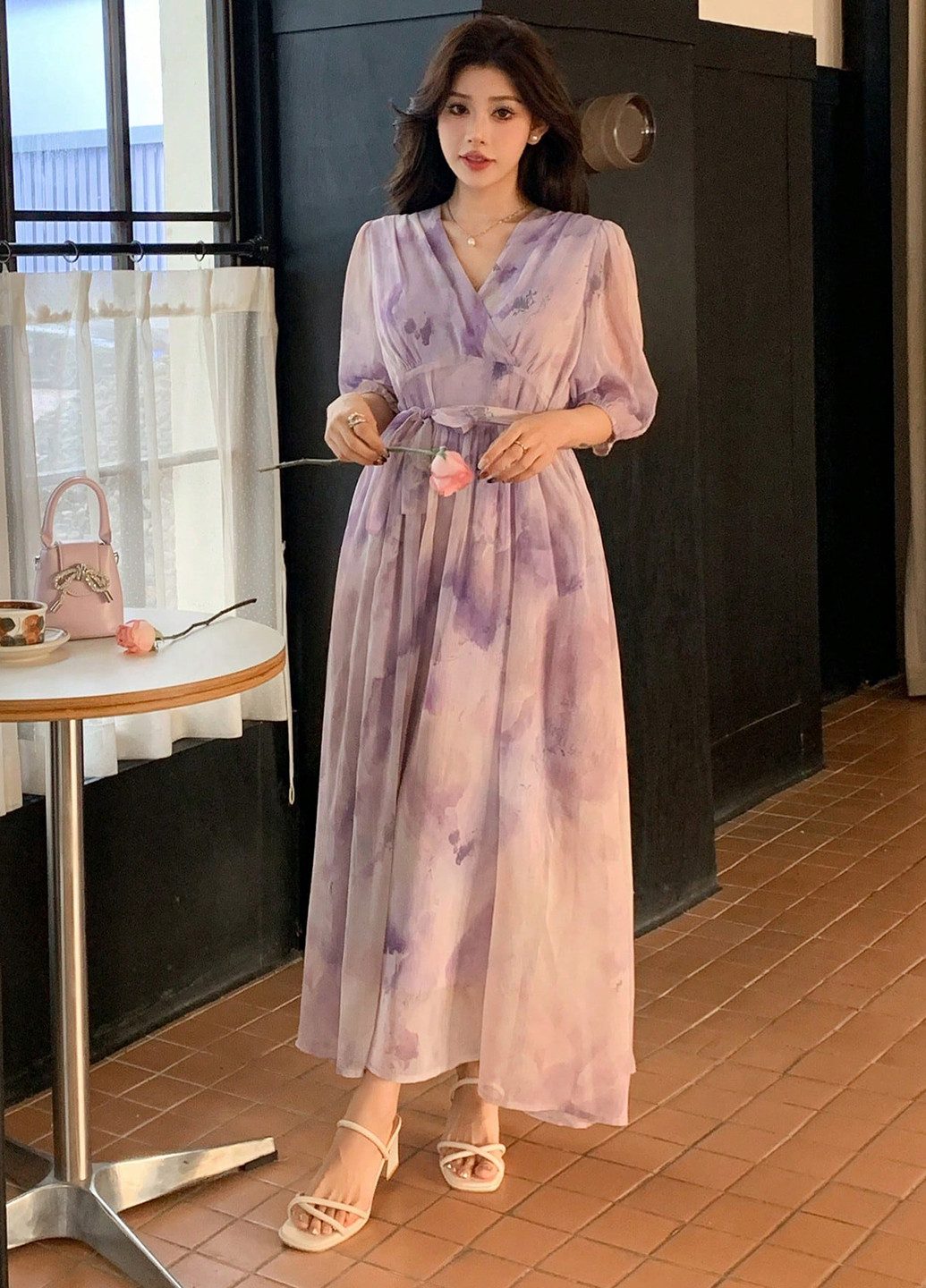 Рожево-лілова вечірня, кежуал сукня з спідницею-сонце, в стилі армпір SHEIN тай-дай