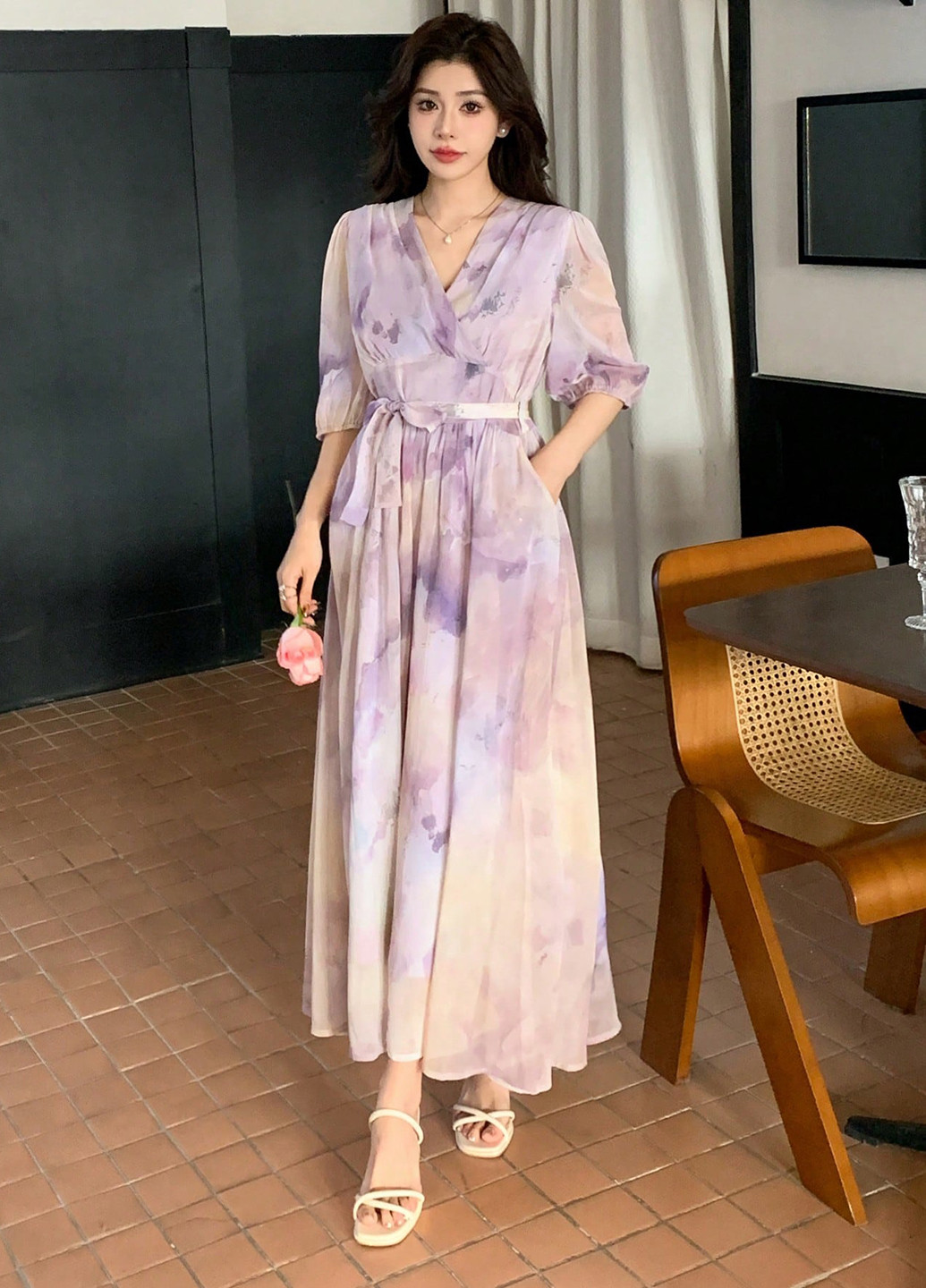 Рожево-лілова вечірня, кежуал сукня з спідницею-сонце, в стилі армпір SHEIN тай-дай