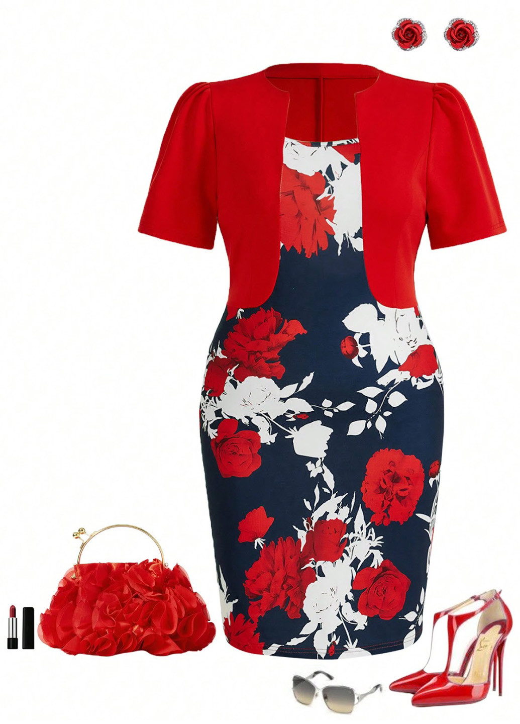 Комбинированное кэжуал платье футляр SHEIN с цветочным принтом