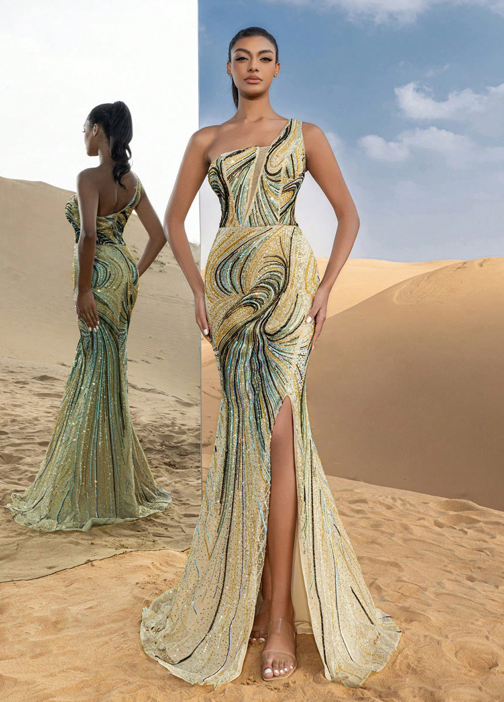 Кремова вечірня сукня силуетна, годе, зі шлейфом, на одне плече SHEIN з абстрактним візерунком