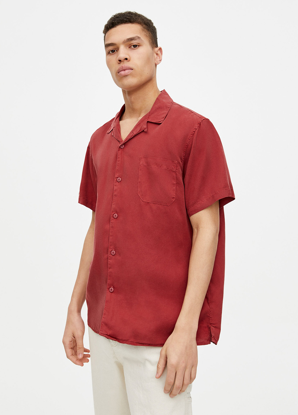Бордовая кэжуал рубашка однотонная Pull&Bear