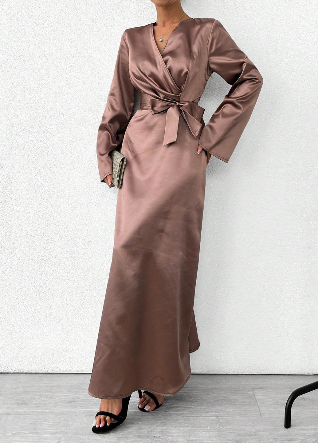 Кавова вечірня сукня кльош SHEIN однотонна