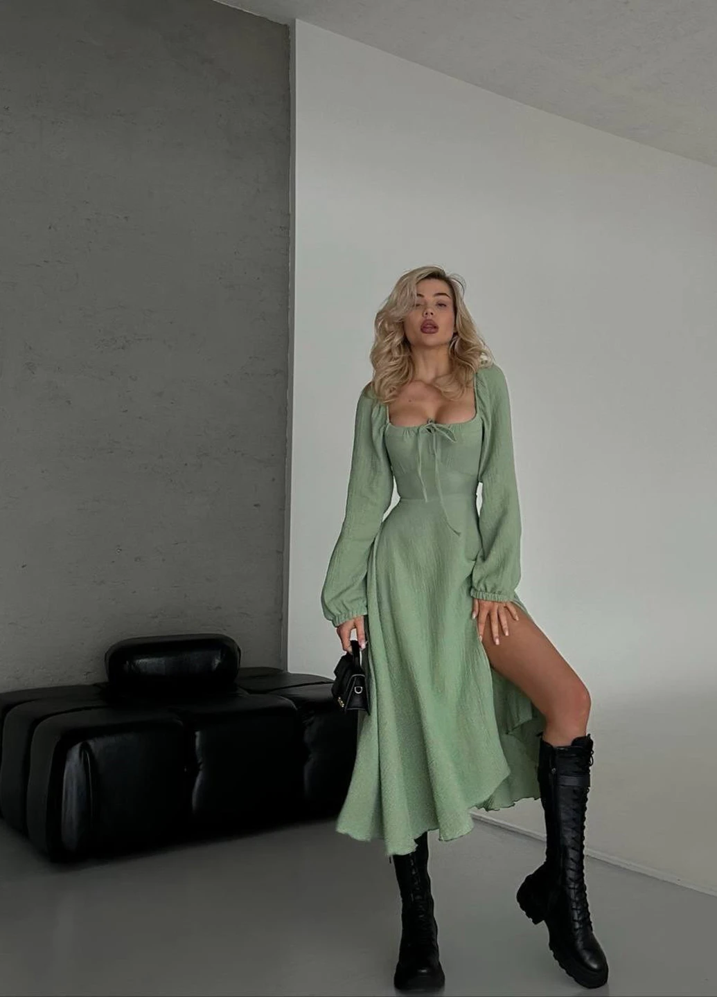 Оливковое кэжуал платье клеш Fashion однотонное
