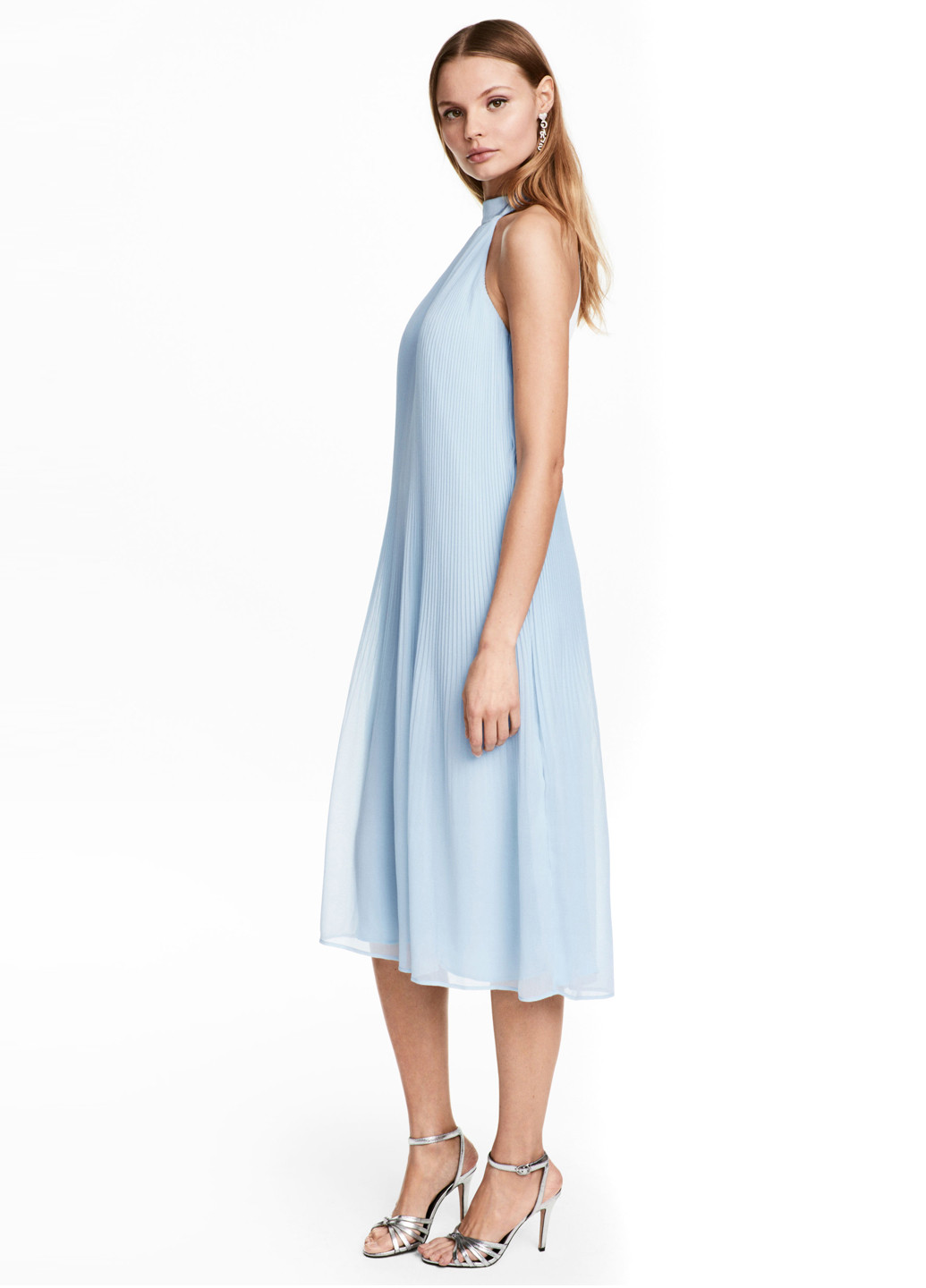 Голубое кэжуал платье плиссированное, с открытой спиной H&M однотонное
