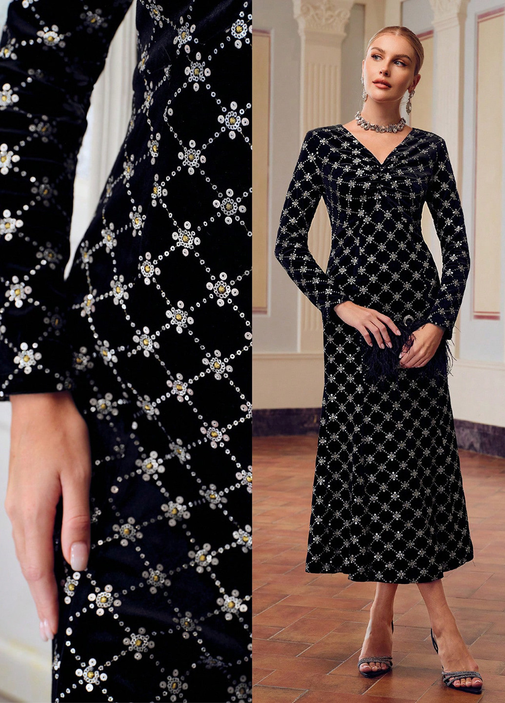 Черное вечернее платье в стиле ампир, годе SHEIN с орнаментом