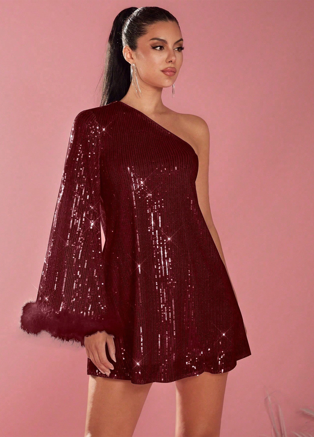 Бордова вечірня сукня на одне плече SHEIN однотонна