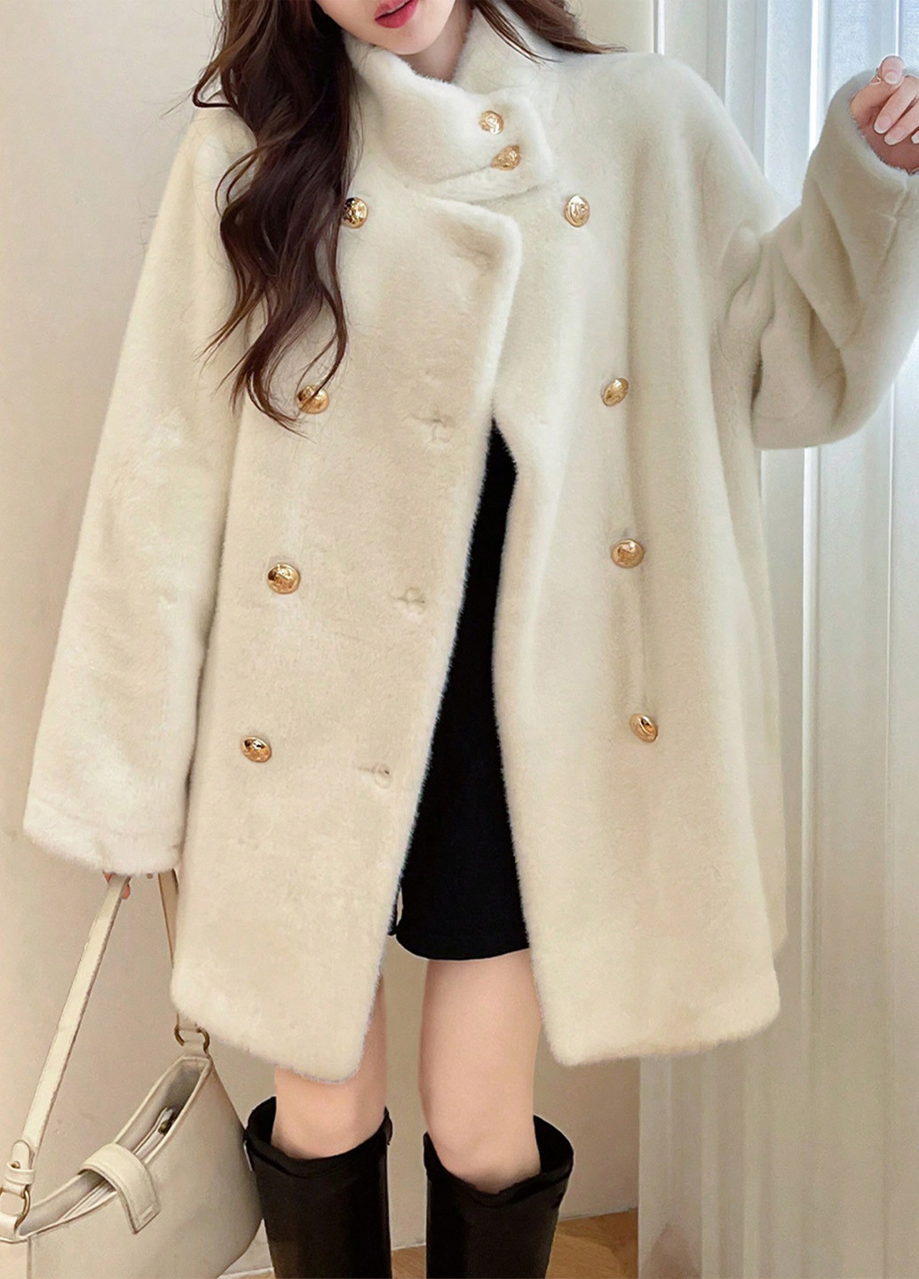 Белое зимнее Пальто двубортное SHEIN