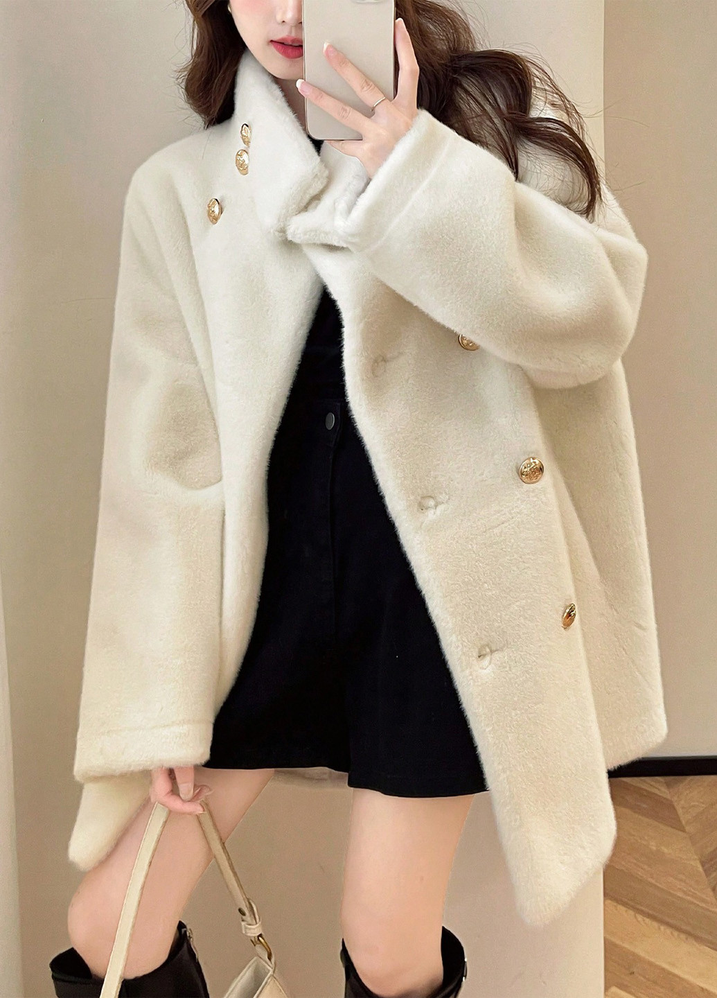 Белое зимнее Пальто двубортное SHEIN