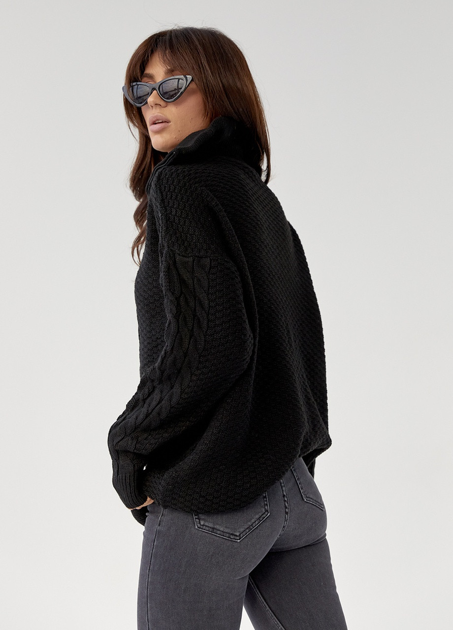Чорний зимовий в'язаний светр з косами та блискавкою на комірці No Brand