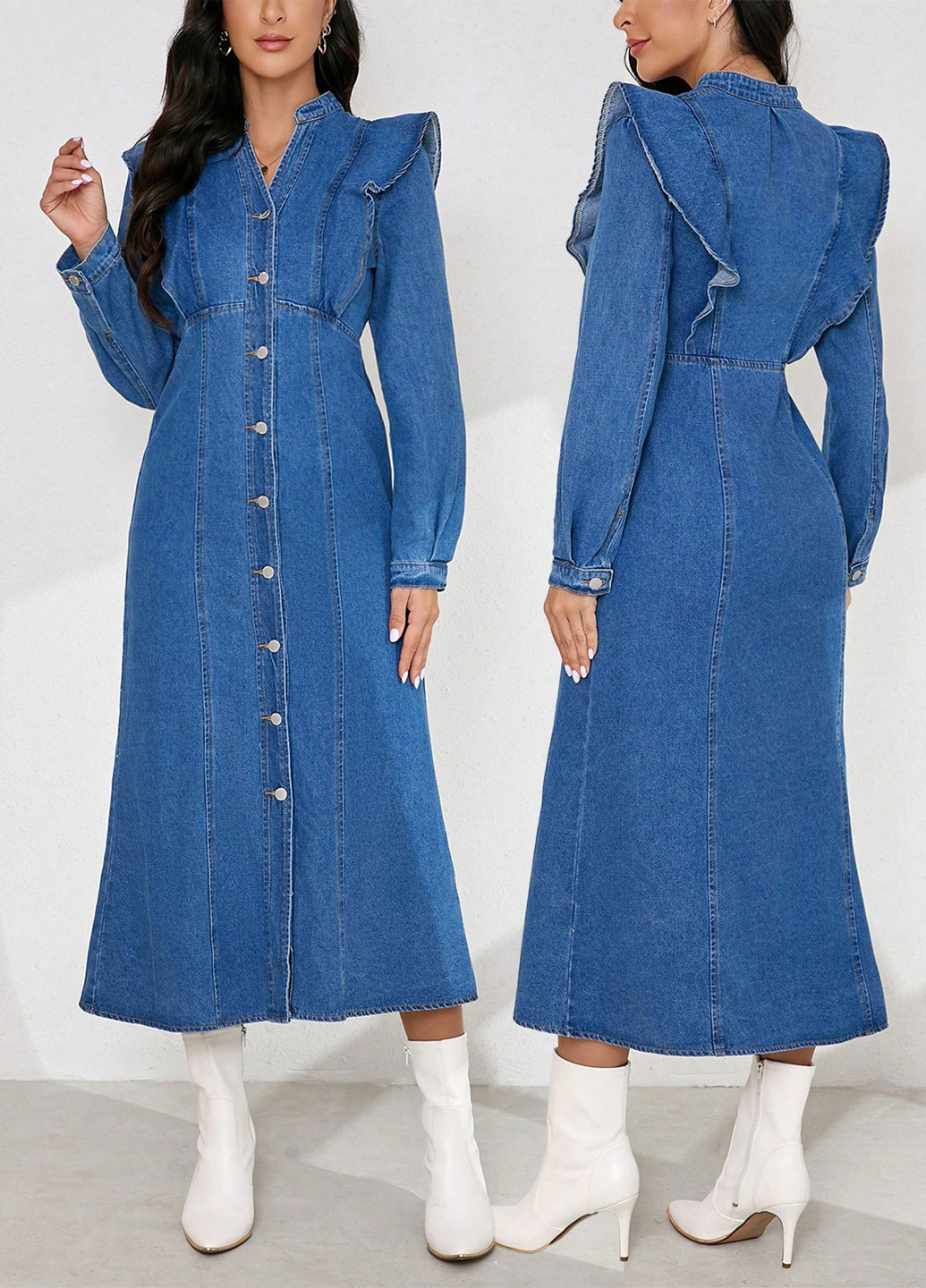 Синя джинсова, кежуал сукня силуетна, кльош SHEIN однотонна