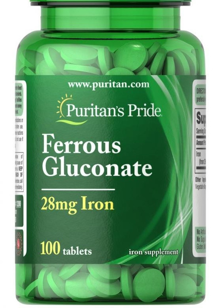 Глюконат железа Минерал Ferrous Gluconate (28 mg Iron ) 100 Tablets Puritans Pride (232599806)