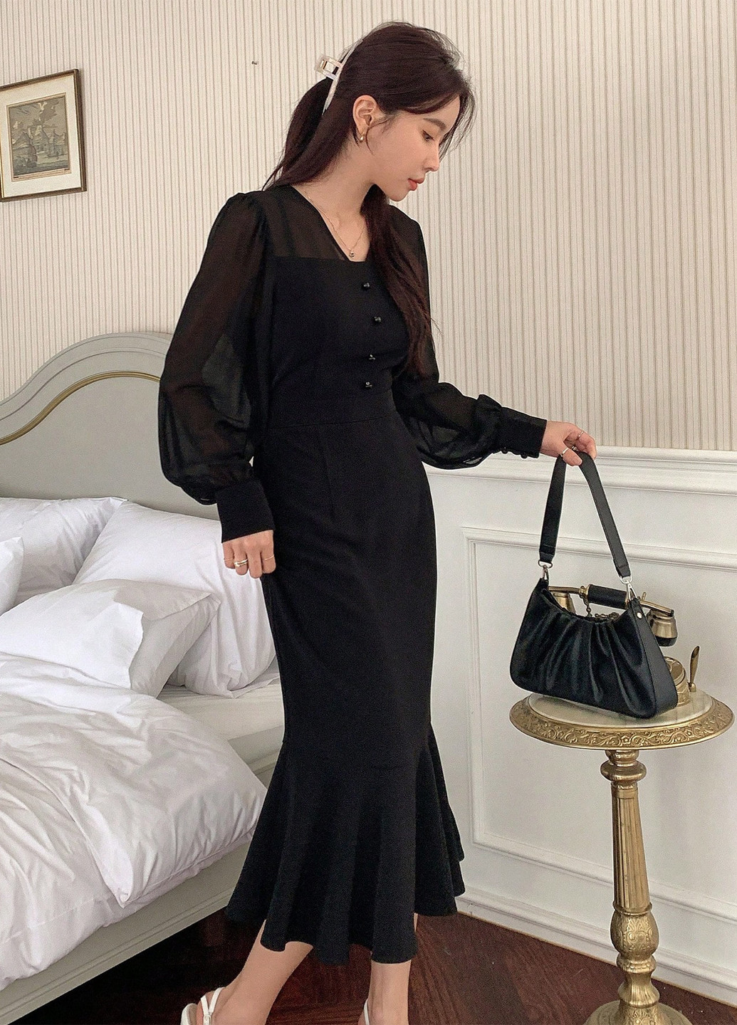 Черное кэжуал, деловое платье годе SHEIN однотонное