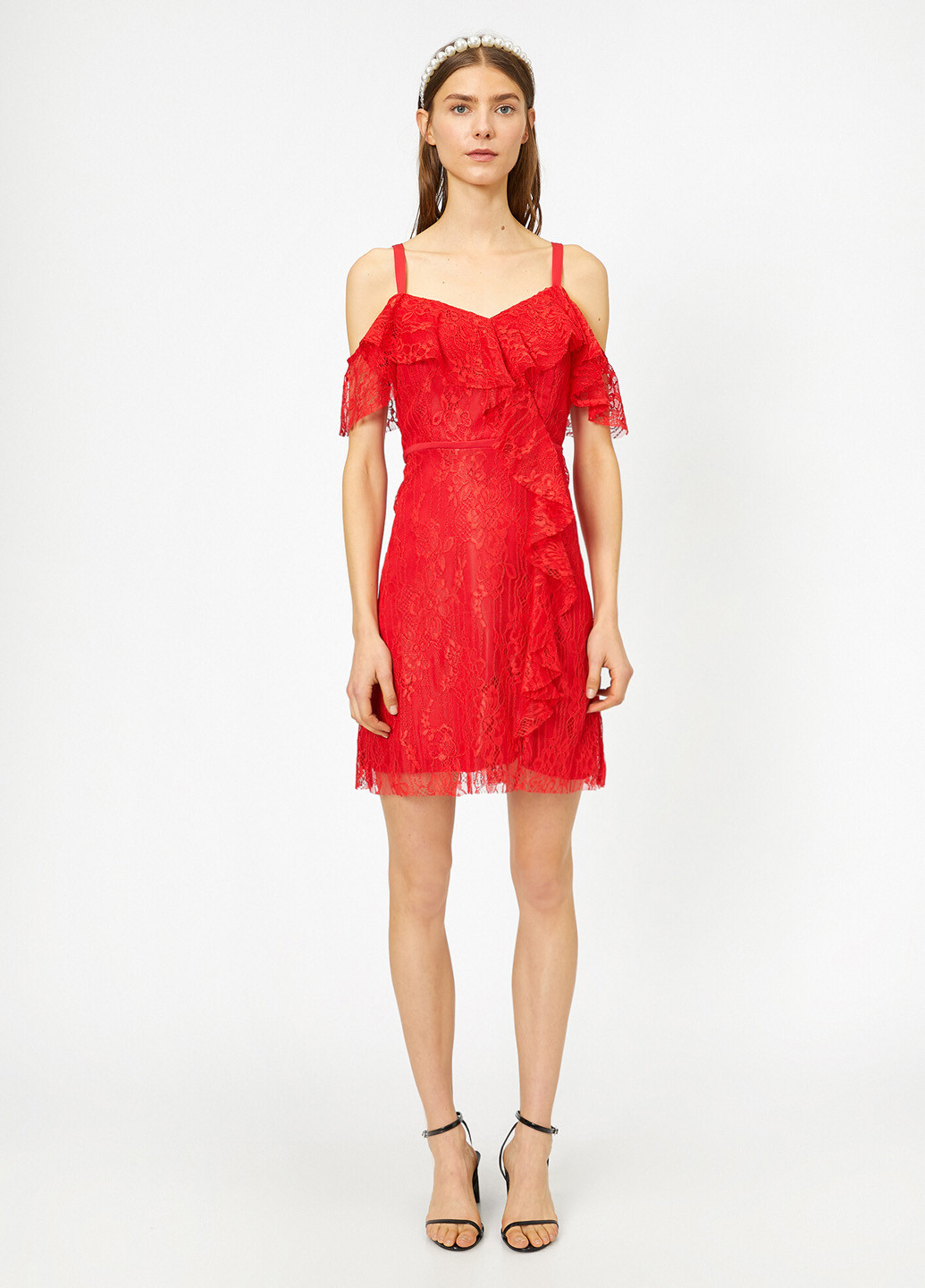 Червона коктейльна сукня футляр, з відкритими плечима KOTON однотонна