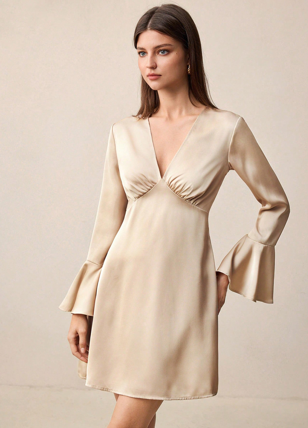 Кремовое коктейльное, деловое, кэжуал платье в стиле ампир SHEIN однотонное