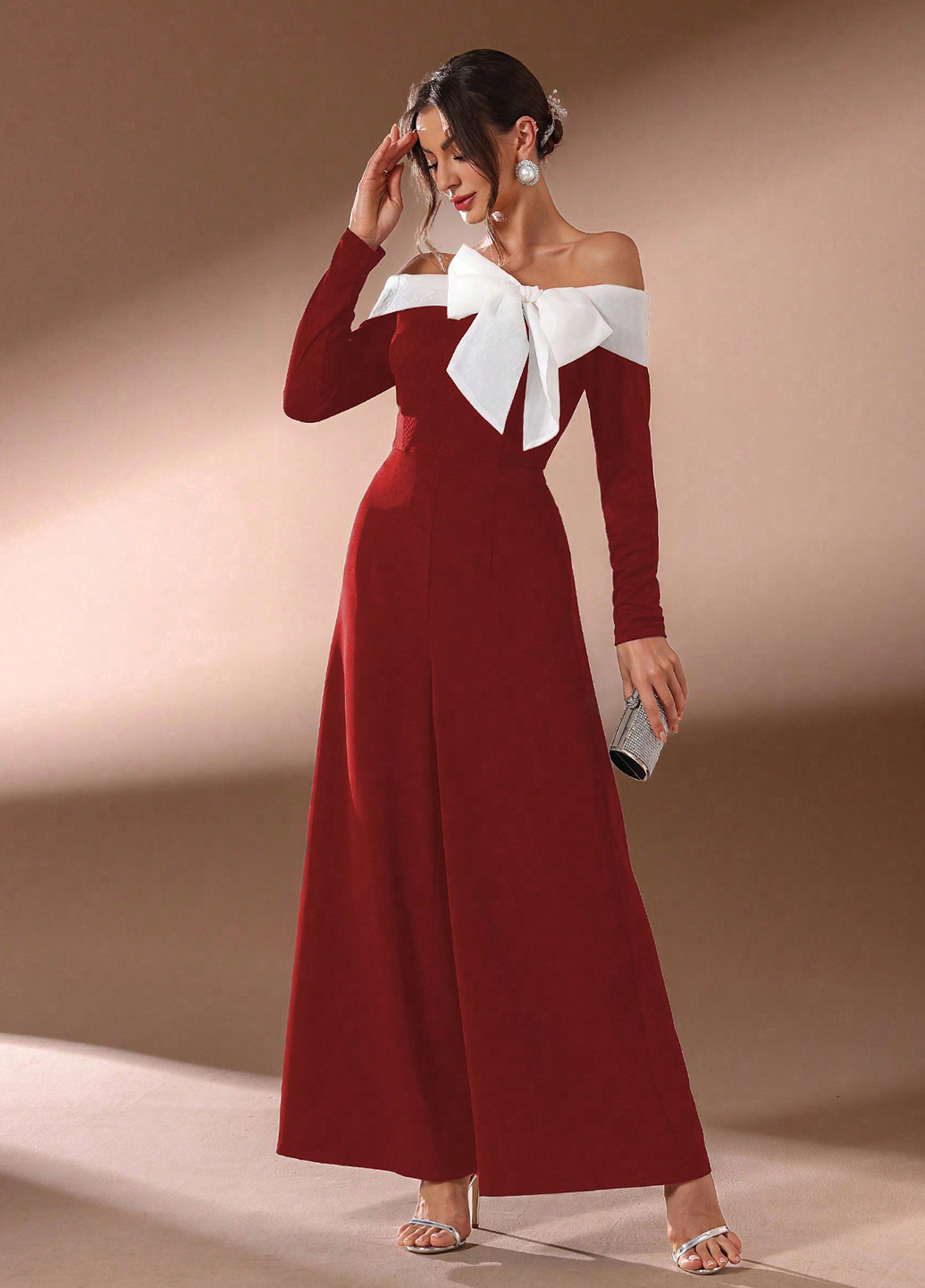 Комбинезон SHEIN комбинезон-брюки колор блок бордовый кэжуал полиэстер