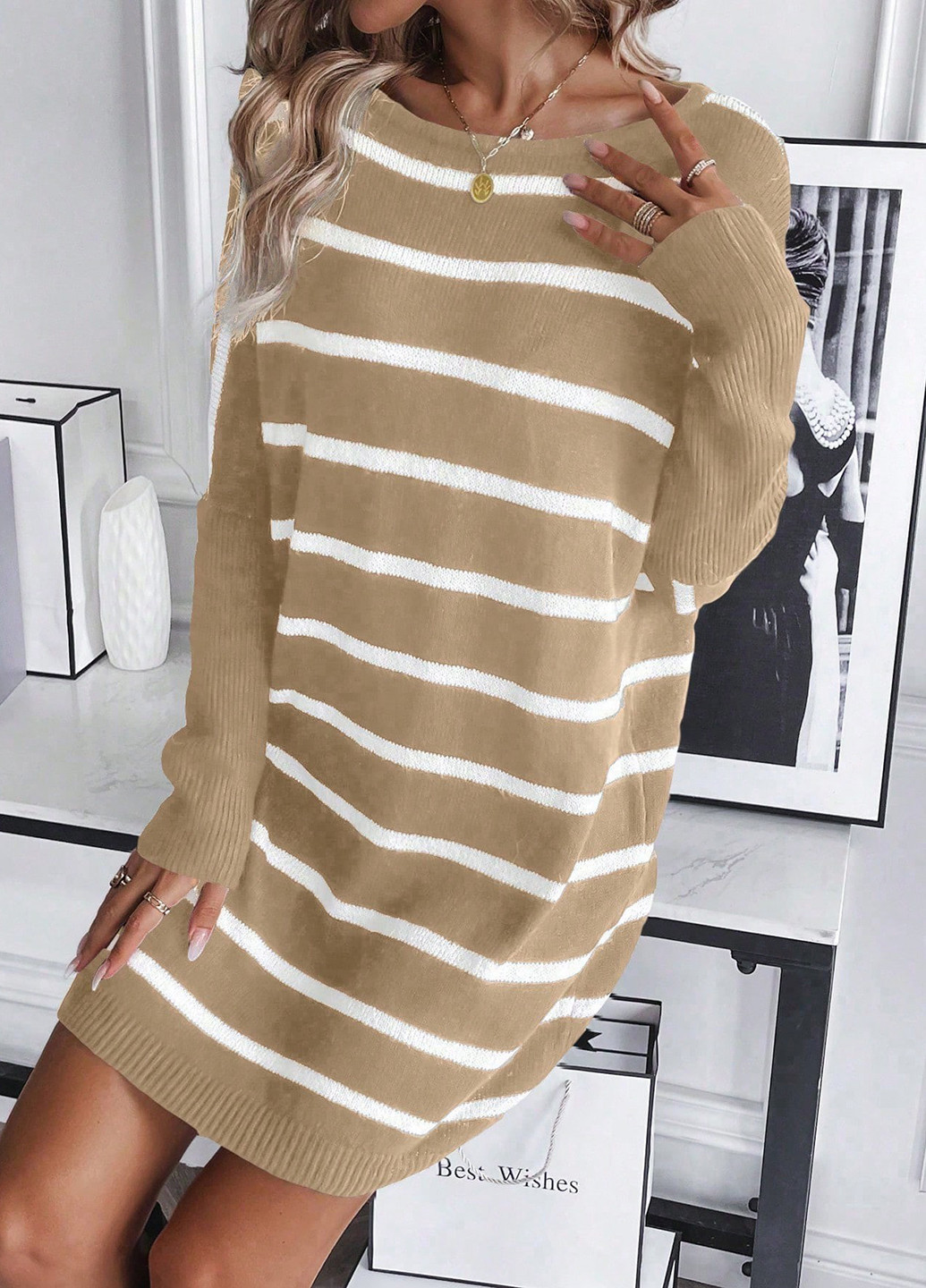 Сіро-бежева кежуал сукня сукня светр SHEIN в смужку