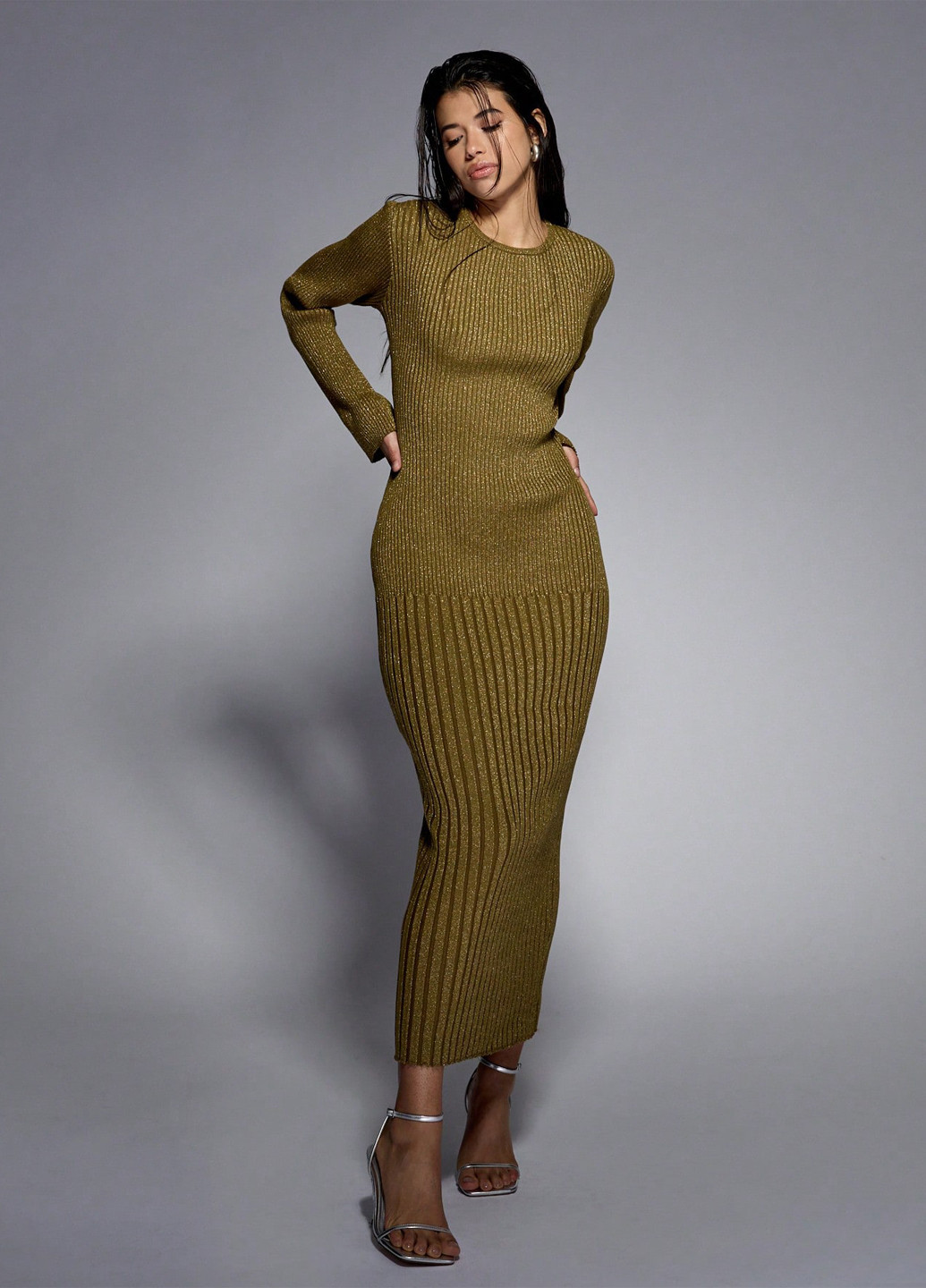 Оливковое (хаки) кэжуал платье платье-свитер SHEIN меланжевое