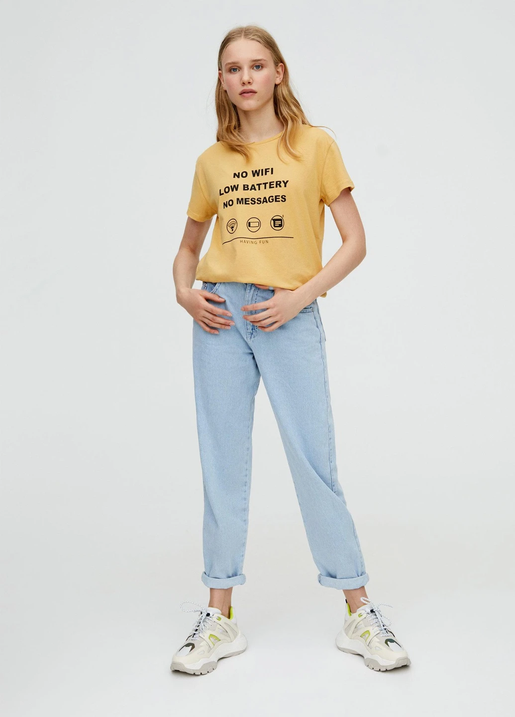 Футболка,блідо-жовтий з принтом, Pull & Bear - (254655802)