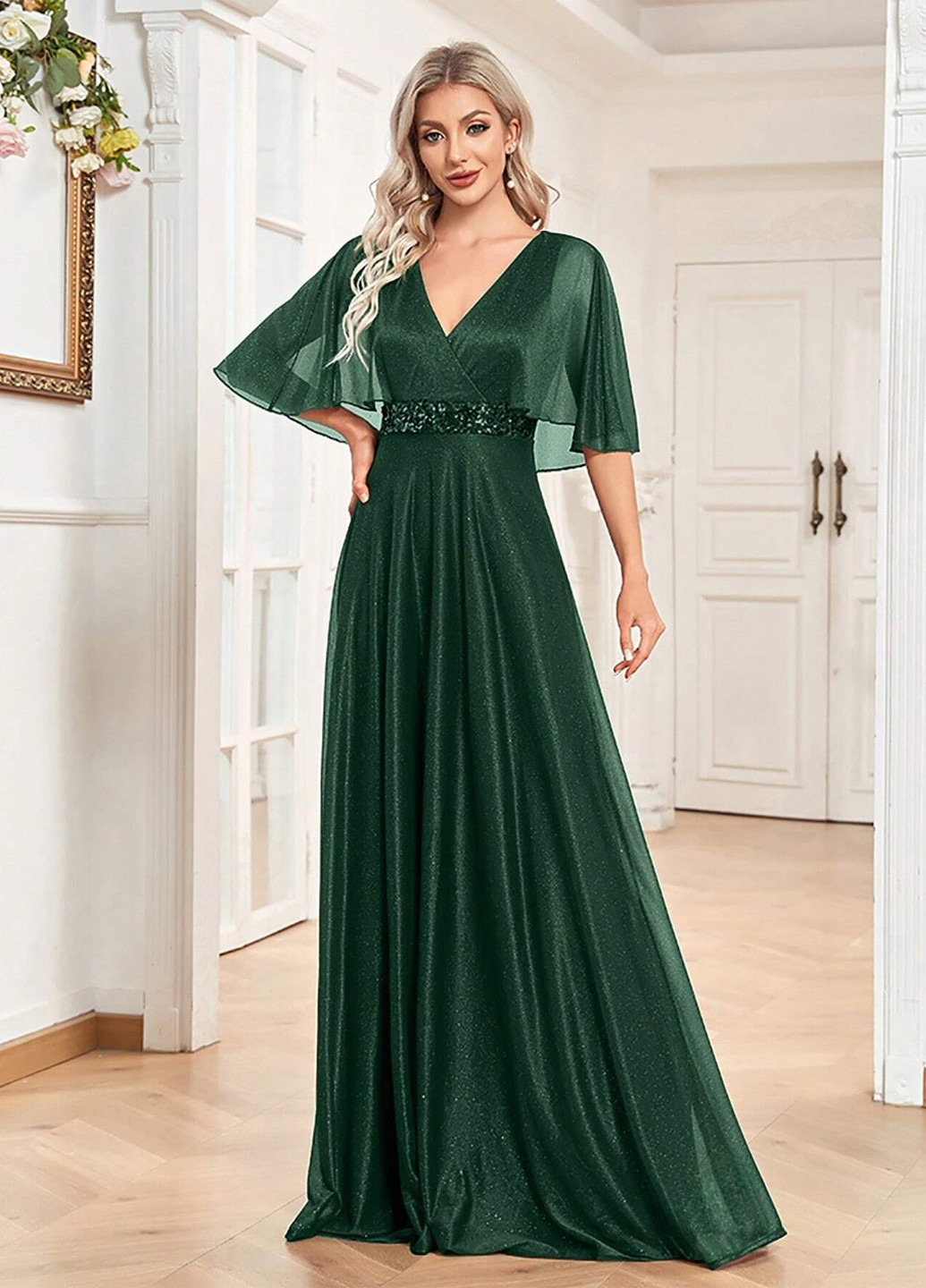 Темно-зеленое вечернее платье на запах, клеш SHEIN однотонное