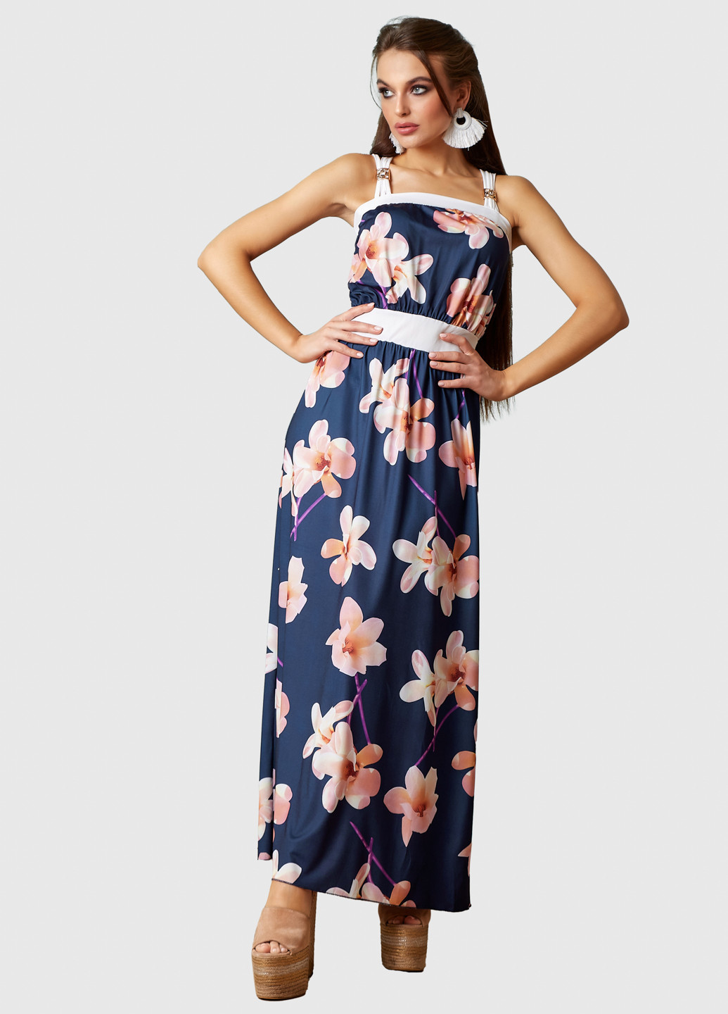 Темно-синее кэжуал платье клеш ST-Seventeen с цветочным принтом