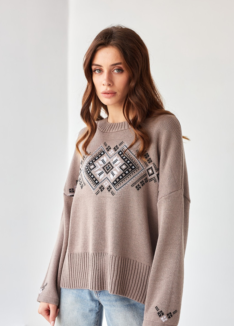 Джемпер oversize Этно капучино с черным+белым MEREZHKA (254774528)